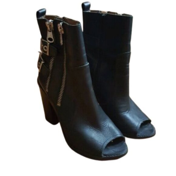 Sixtyseven leather lots of zippers chunky heel open toes booties boots - Picture 3 of 8